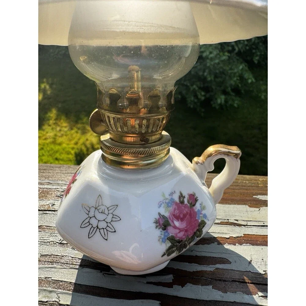 Vintage Miniature Porcelain Oil Lamp Pink Rose Floral Gold Trim Cottagecore